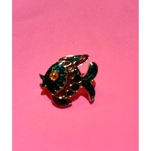 Green Red and Gold Cloisonné Puffy Fish Shaped Brooch Signed Ivana Adorable! - Picture 8 of 9